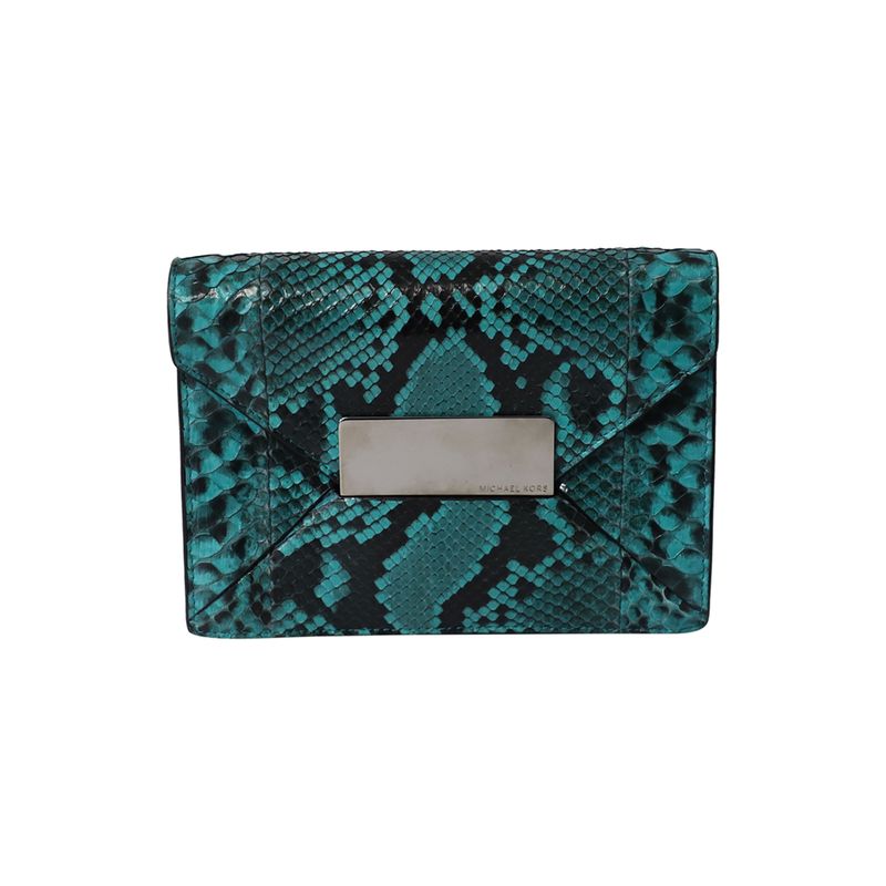 Michael Kors Snakeskin Embossed Clutch Bag In Green Leather